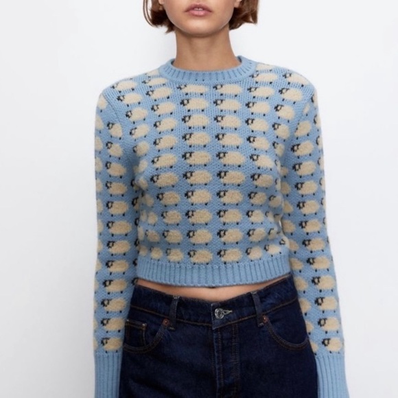 Lamb Sheep Print Cropped Knit Sweater 